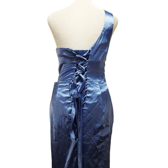 One-Shoulder Blue Satin Gown Size 4 panty bridesmaid dress - Picture 3 of 9